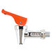A stainless steel Bunn faucet assembly with an orange handle.