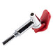 A Bunn push faucet assembly with a red handle and metal pipe.