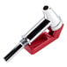 A Bunn metal faucet assembly with a red handle.