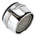 A close-up of a chrome faucet aerator kit with a black mesh.