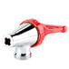 A Bunn red and chrome faucet assembly with a red handle.
