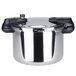 A silver stainless steel Matfer Bourgeat pressure cooker with black handles.