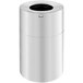 A white cylindrical trash can with a black lid.