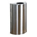 A close-up of a metallic silver Rubbermaid half round open top trash can.