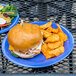 A Carlisle Ocean Blue melamine plate with a sandwich and fries on it.