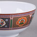 A white melamine rice bowl with a peacock design on it.