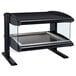 A black and silver Hatco countertop heated zone merchandiser with a glass shelf.