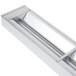 A stainless steel rectangular tray with a silver long rectangular object on top.