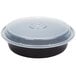 A black Pactiv plastic container with a clear lid.