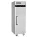 A large stainless steel Turbo Air M3 Series reach-in refrigerator with a black handle on wheels.