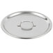 A white stainless steel lid with a silver metal band and a round metal handle.