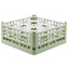 A light green plastic Vollrath glass rack with 9 compartments.
