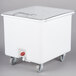 A white plastic Cambro vegetable crisper container with wheels.