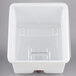 A white plastic container with a clear plastic lid and a red handle.