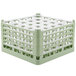 A light green Vollrath plastic glass rack with 25 white compartments.