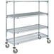 A four tier chrome Metro wire shelving unit with wheels.