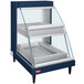 A navy Hatco countertop display case with two shelves and a glass door.