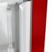A close-up of a red Hatco Glo-Ray countertop warmer with white shelves.