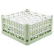 A light green plastic Vollrath glass rack with white handles.