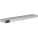 A long rectangular stainless steel shelf with red lights on it.