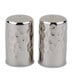 A pair of American Metalcraft silver stainless steel salt and pepper shakers with a hammered finish.