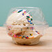 A Fabri-Kal clear plastic dome lid on a disposable ice cream cup filled with a scoop of ice cream and colorful sprinkles.