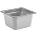 A stainless steel Choice 1/6 size steam table pan.