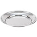 An American Metalcraft round stainless steel tray with a hammered texture and a rim.