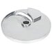 A stainless steel circular plate with a hole in the center, the Robot Coupe 3/8" x 3/8" French Fry Kit.