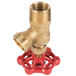 A brass fill valve with a red base and brass fitting.