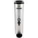 A silver stainless steel iced tea dispenser with a black handle.
