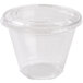 A clear plastic Squat Parfait container with a clear plastic Fabri-Kal insert and flat lid.