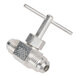 A silver metal Bunn needle valve with a screw.