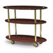 A three tiered wood and gold Geneva serving cart with red maple shelves.