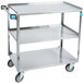 A stainless steel Lakeside utility cart with three shelves and wheels.