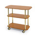 A brown rectangular Geneva serving cart with three shelves and wheels.