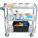 A Lakeside stainless steel utility cart with cleaning supplies on it.