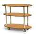 A Geneva three tiered serving cart with wheels and a wood finish.