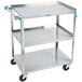 A Lakeside stainless steel utility cart with three shelves and blue handles.