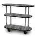 A black and silver three tiered oval serving cart on wheels.