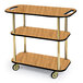 A Geneva rectangular wood serving cart with three tiers and wheels.