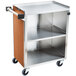 A Lakeside stainless steel utility cart with Victorian cherry wood shelves.