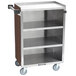 A stainless steel Lakeside utility cart with three shelves on wheels.