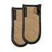 A San Jamar tan cotton handle holder with black stitching on a pair of oven mitts.