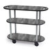 A gray three tiered Geneva serving cart with wheels.