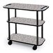 A Geneva rectangular 3 shelf serving cart with gray sand finish and black metal legs.