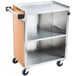 A Lakeside stainless steel utility cart with an enclosed base and light maple shelves.