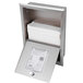 A stainless steel Bobrick paper towel dispenser with a stack of white paper towels.