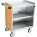 A Lakeside stainless steel utility cart with two wooden shelves and a wood door.