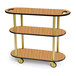 A Geneva three tiered serving cart with wheels and amber maple shelves.
